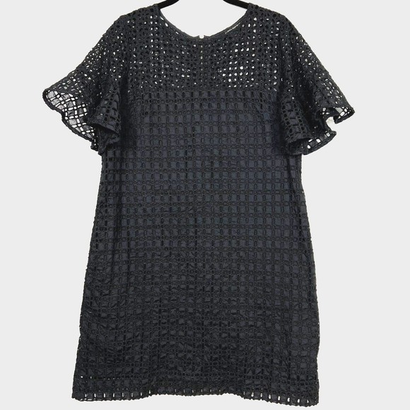 Banana Republic Shift Dress Womens Black 10 Eyelet Meshed Lined Flutter Sleeves - Picture 1 of 13
